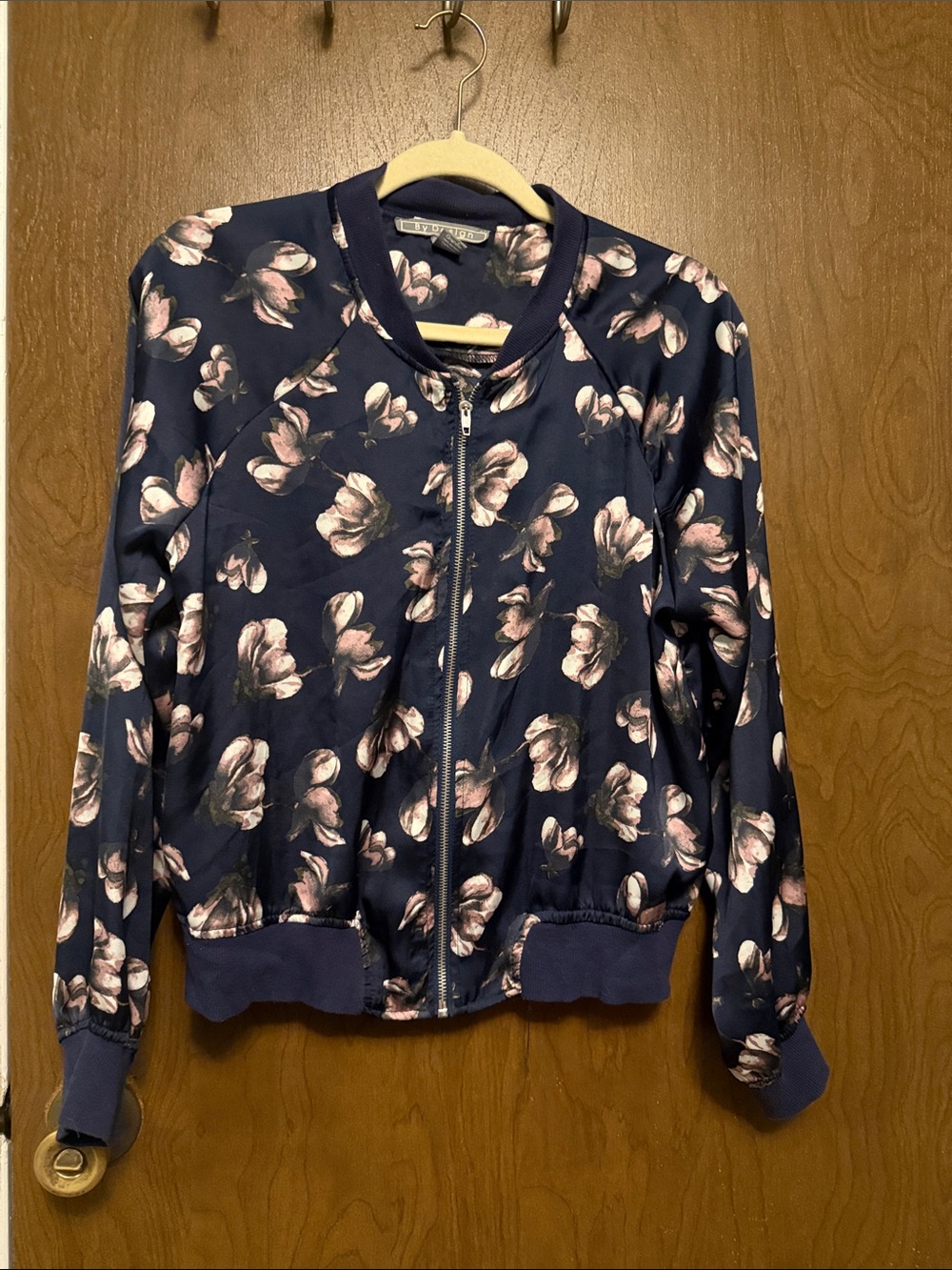 By Design Floral Zip-Front Bomber Jacket - Navy with Pink Accents L